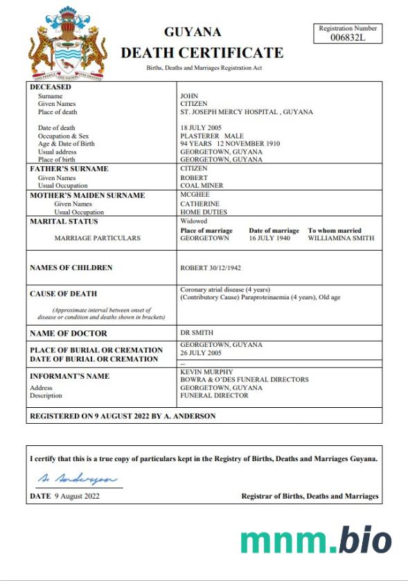 Guyana śmierć certyfikat Word i PDF szablon